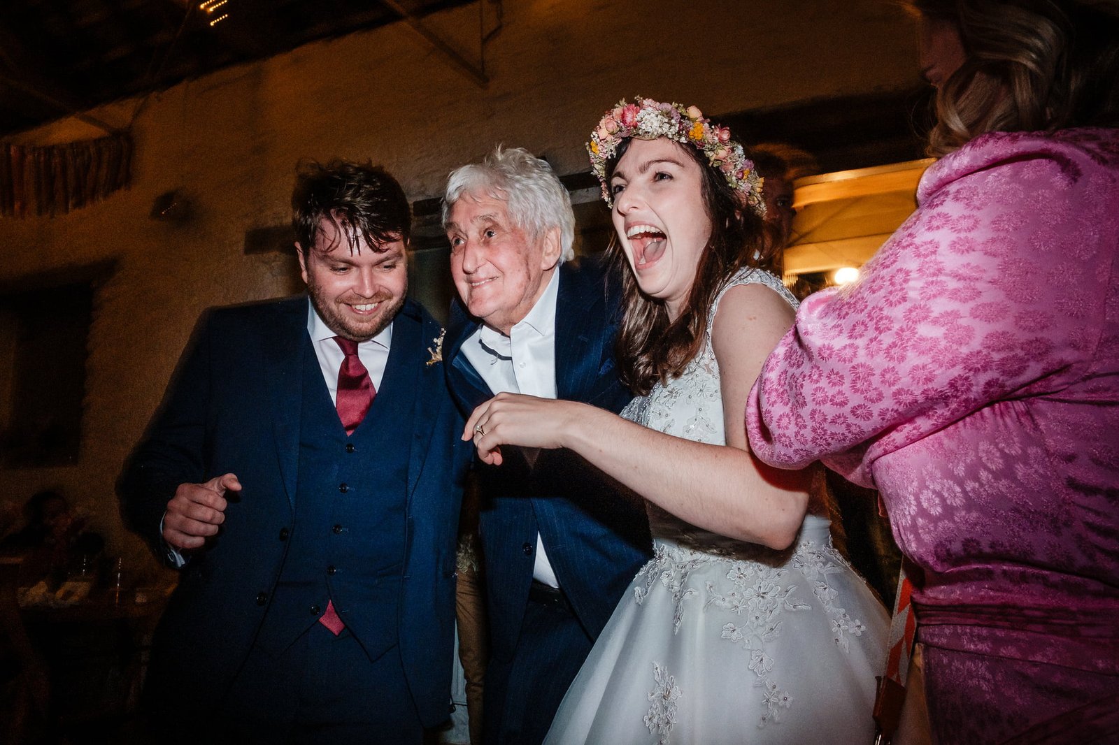 Bride & groom dancing with grand father at Bradstone Manor wedding